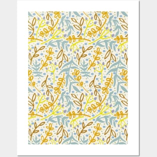 Botanicals and Dots - Hand drawn Design - Light Blue, Orange, Yellow Posters and Art